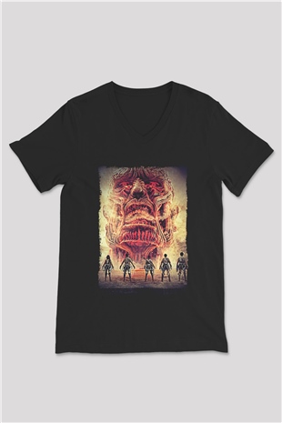 Attack On Titan Baskılı Unisex Siyah V Yaka Tişört - Tshirt
