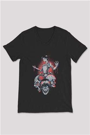 Attack On Titan Baskılı Unisex Siyah V Yaka Tişört - Tshirt