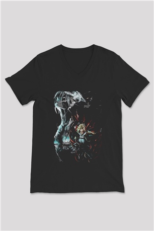 Attack On Titan Baskılı Unisex Siyah V Yaka Tişört - Tshirt