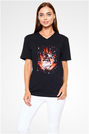 Attack On Titan Baskılı Unisex Siyah V Yaka Tişört - Tshirt