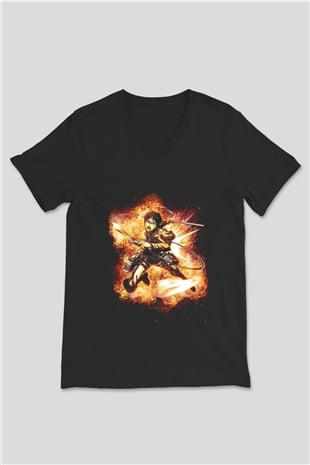 Attack On Titan Baskılı Unisex Siyah V Yaka Tişört - Tshirt