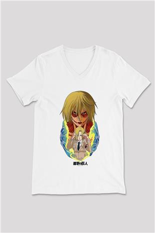 Attack On Titan Baskılı Unisex Siyah V Yaka Tişört - Tshirt
