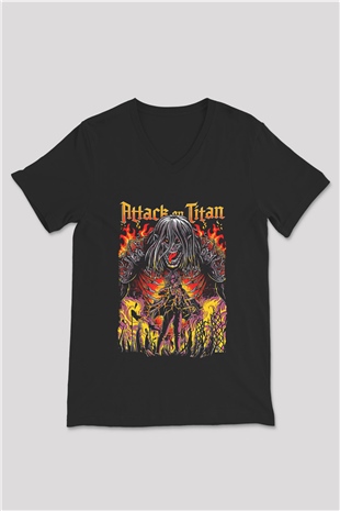 Attack On Titan Baskılı Unisex Siyah V Yaka Tişört - Tshirt