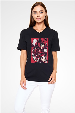 Attack On Titan Baskılı Unisex Siyah V Yaka Tişört - Tshirt
