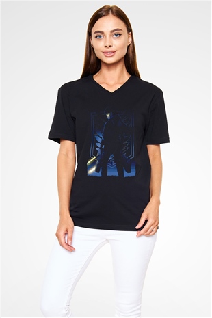 Attack On Titan Baskılı Unisex Siyah V Yaka Tişört - Tshirt