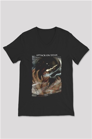 Attack On Titan Baskılı Unisex Siyah V Yaka Tişört - Tshirt