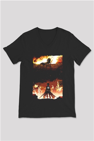 Attack On Titan Baskılı Unisex Siyah V Yaka Tişört - Tshirt