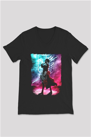 Attack On Titan Baskılı Unisex Siyah V Yaka Tişört - Tshirt