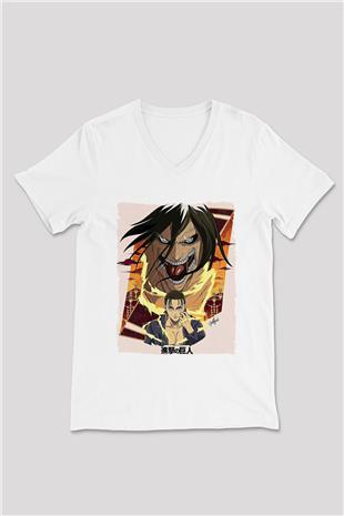 Attack On Titan Baskılı Unisex Siyah V Yaka Tişört - Tshirt