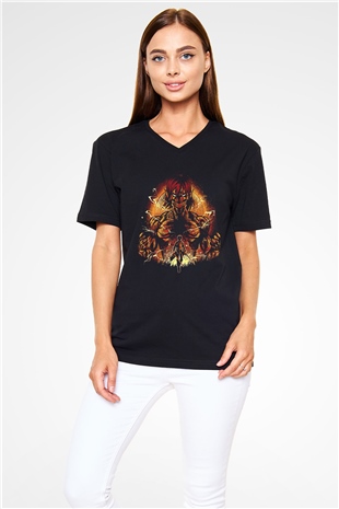 Attack On Titan Baskılı Unisex Siyah V Yaka Tişört - Tshirt