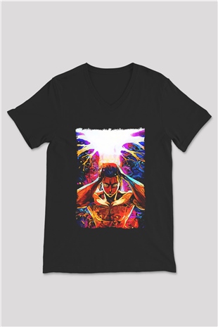 Attack On Titan Baskılı Unisex Siyah V Yaka Tişört - Tshirt