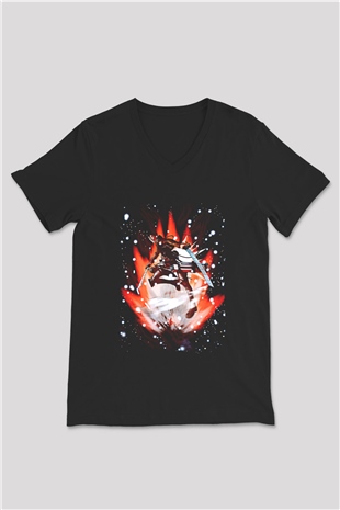 Attack On Titan Baskılı Unisex Siyah V Yaka Tişört - Tshirt