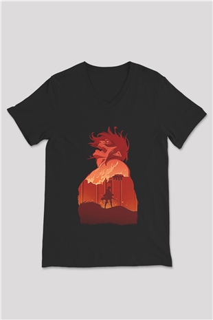 Attack On Titan Baskılı Unisex Siyah V Yaka Tişört - Tshirt