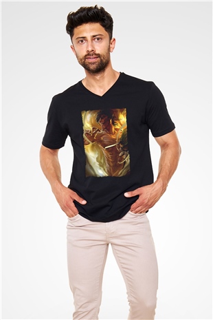 Attack On Titan Baskılı Unisex Siyah V Yaka Tişört - Tshirt
