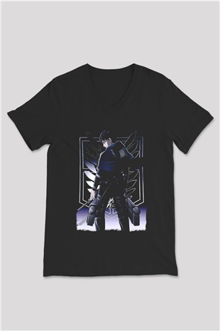 Attack On Titan Baskılı Unisex Siyah V Yaka Tişört - Tshirt