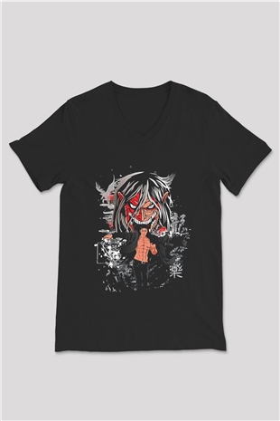 Attack On Titan Baskılı Unisex Siyah V Yaka Tişört - Tshirt
