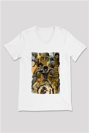 Attack On Titan Baskılı Unisex Siyah V Yaka Tişört - Tshirt