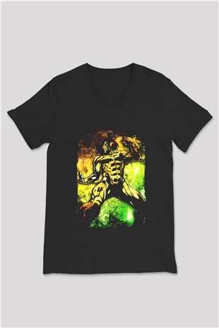 Attack On Titan Baskılı Unisex Siyah V Yaka Tişört - Tshirt