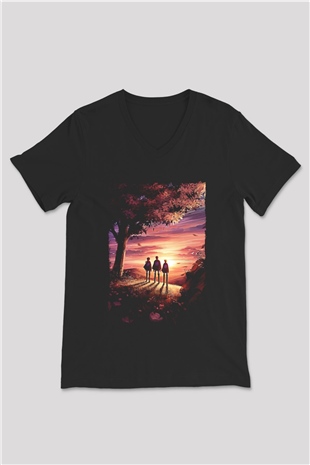 Attack On Titan Baskılı Unisex Siyah V Yaka Tişört - Tshirt