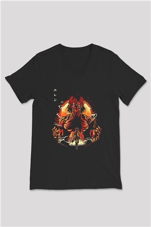 Attack On Titan Baskılı Unisex Siyah V Yaka Tişört - Tshirt