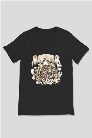 Attack On Titan Baskılı Unisex Siyah V Yaka Tişört - Tshirt