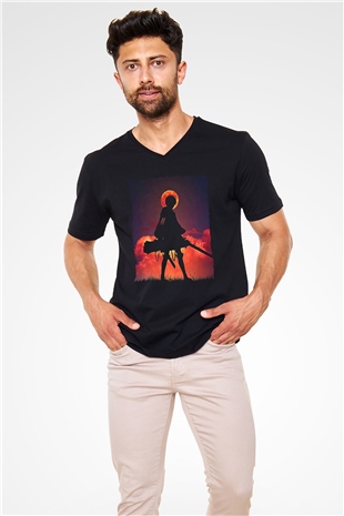 Attack On Titan Baskılı Unisex Siyah V Yaka Tişört - Tshirt