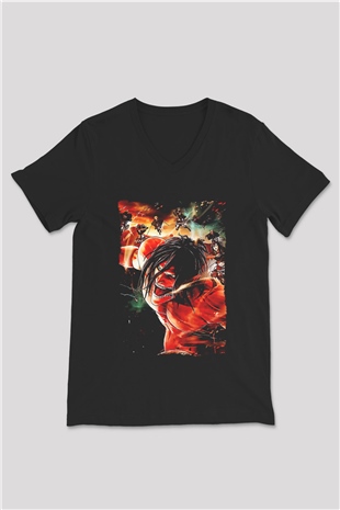 Attack On Titan Baskılı Unisex Siyah V Yaka Tişört - Tshirt
