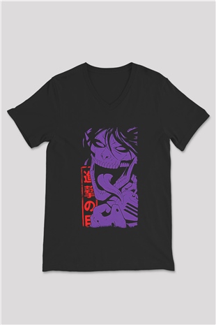 Attack On Titan Baskılı Unisex Siyah V Yaka Tişört - Tshirt