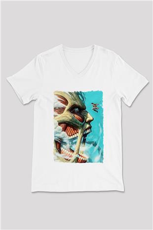 Attack On Titan Baskılı Unisex Siyah V Yaka Tişört - Tshirt