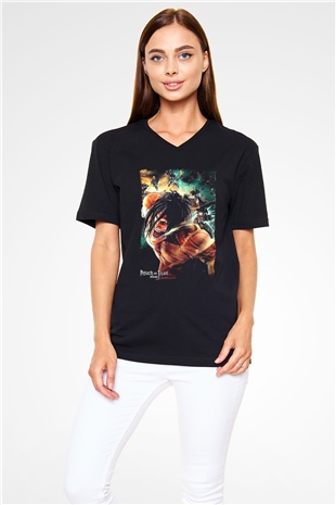 Attack On Titan Baskılı Unisex Siyah V Yaka Tişört - Tshirt