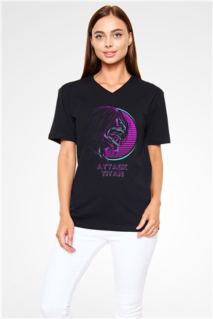 Attack On Titan Baskılı Unisex Siyah V Yaka Tişört - Tshirt