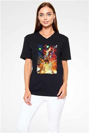Attack On Titan Baskılı Unisex Siyah V Yaka Tişört - Tshirt