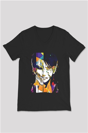 Attack On Titan Baskılı Unisex Siyah V Yaka Tişört - Tshirt