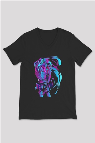 Attack On Titan Baskılı Unisex Siyah V Yaka Tişört - Tshirt