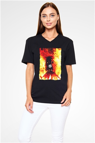 Attack On Titan Baskılı Unisex Siyah V Yaka Tişört - Tshirt