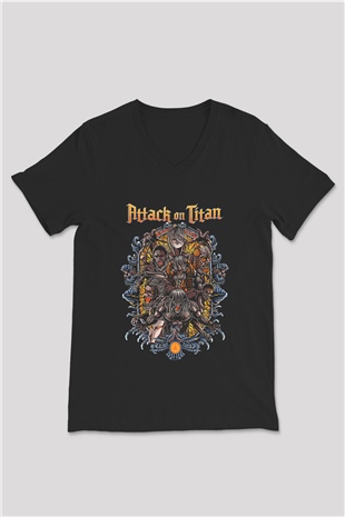 Attack On Titan Baskılı Unisex Siyah V Yaka Tişört - Tshirt