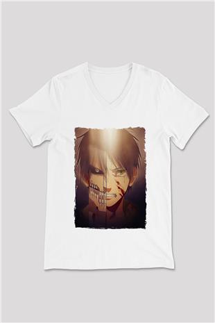 Attack On Titan Baskılı Unisex Siyah V Yaka Tişört - Tshirt