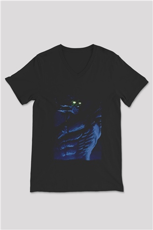Attack On Titan Baskılı Unisex Siyah V Yaka Tişört - Tshirt