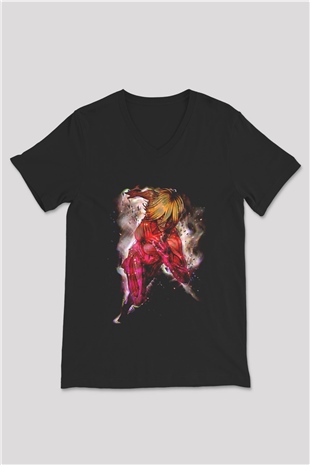 Attack On Titan Baskılı Unisex Siyah V Yaka Tişört - Tshirt