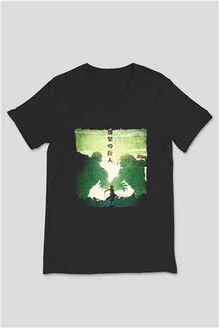Attack On Titan Baskılı Unisex Siyah V Yaka Tişört - Tshirt