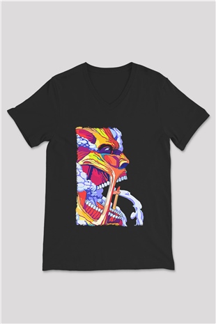 Attack On Titan Baskılı Unisex Siyah V Yaka Tişört - Tshirt