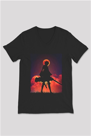 Attack On Titan Baskılı Unisex Siyah V Yaka Tişört - Tshirt