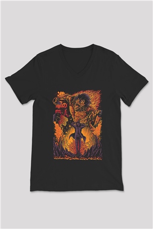 Attack On Titan Baskılı Unisex Siyah V Yaka Tişört - Tshirt