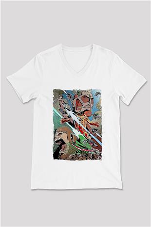Attack On Titan Baskılı Unisex Siyah V Yaka Tişört - Tshirt