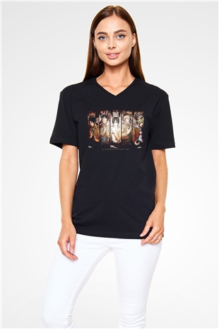 Attack On Titan Baskılı Unisex Siyah V Yaka Tişört - Tshirt