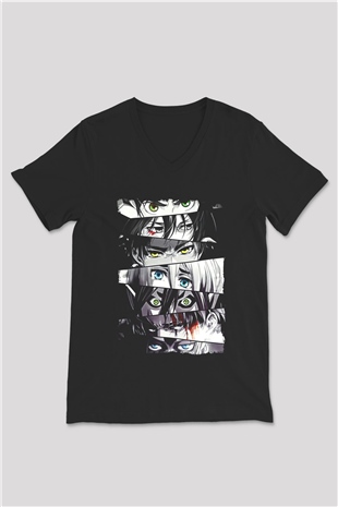 Attack On Titan Baskılı Unisex Siyah V Yaka Tişört - Tshirt