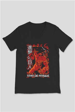 Attack On Titan Baskılı Unisex Siyah V Yaka Tişört - Tshirt