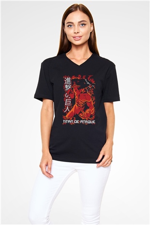 Attack On Titan Baskılı Unisex Siyah V Yaka Tişört - Tshirt