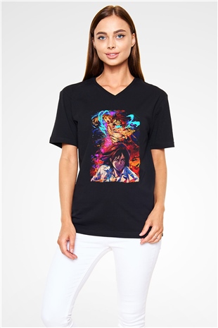 Attack On Titan Baskılı Unisex Siyah V Yaka Tişört - Tshirt