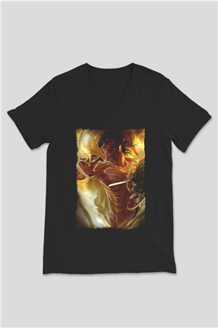Attack On Titan Baskılı Unisex Siyah V Yaka Tişört - Tshirt